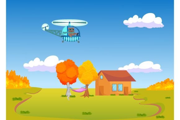 Download Cute Cartoon Cat Flying Helicopter over - Art Collection