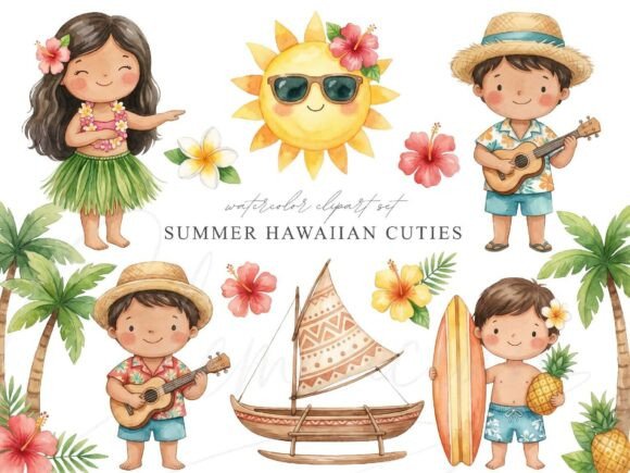 Download Cute Hawaiian Kids Clipart Set - Art Collection