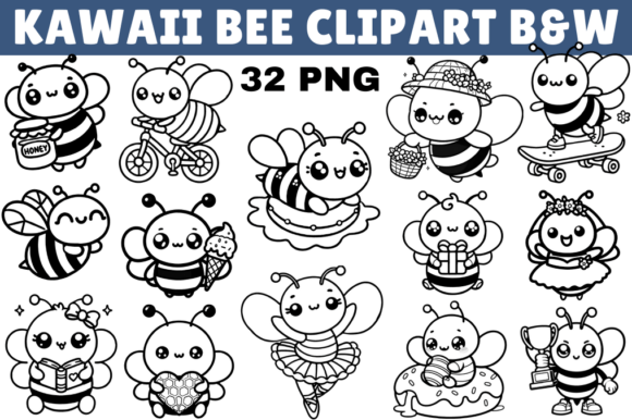 Download Kawaii Bee Black and White Clipart - Art Collection
