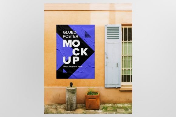 Download Glued Poster Mockup with Crumpled - Mockup Collection