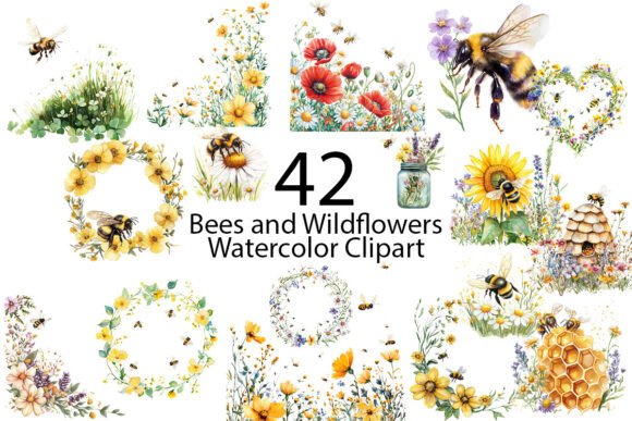 Download Bees and Wildflowers Watercolor Clipart - Art Collection
