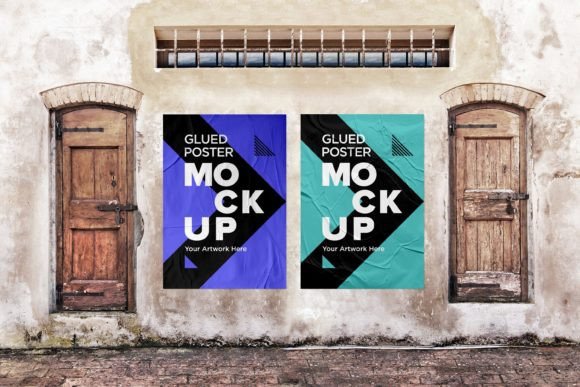 Download Glued Poster Mockup with Crumpled - Mockup Collection
