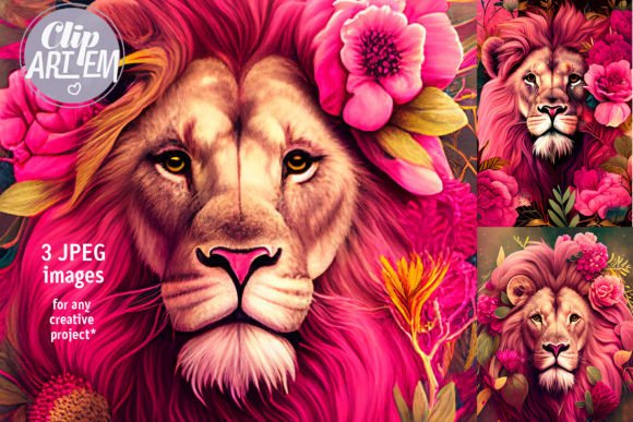 Download Lion with Pink Mane Floral Artwork 3 Jps - Art Collection