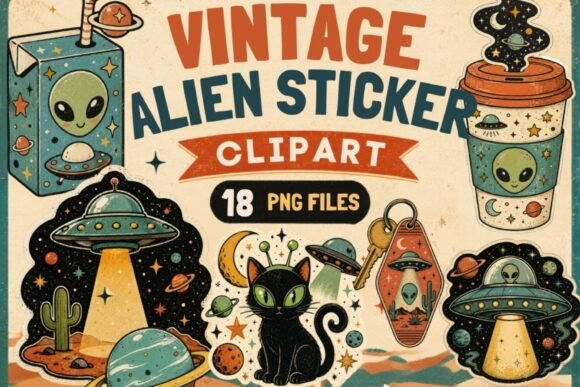 Download Vintage Alien Sticker Clipart | 18 PNG - Art Collection